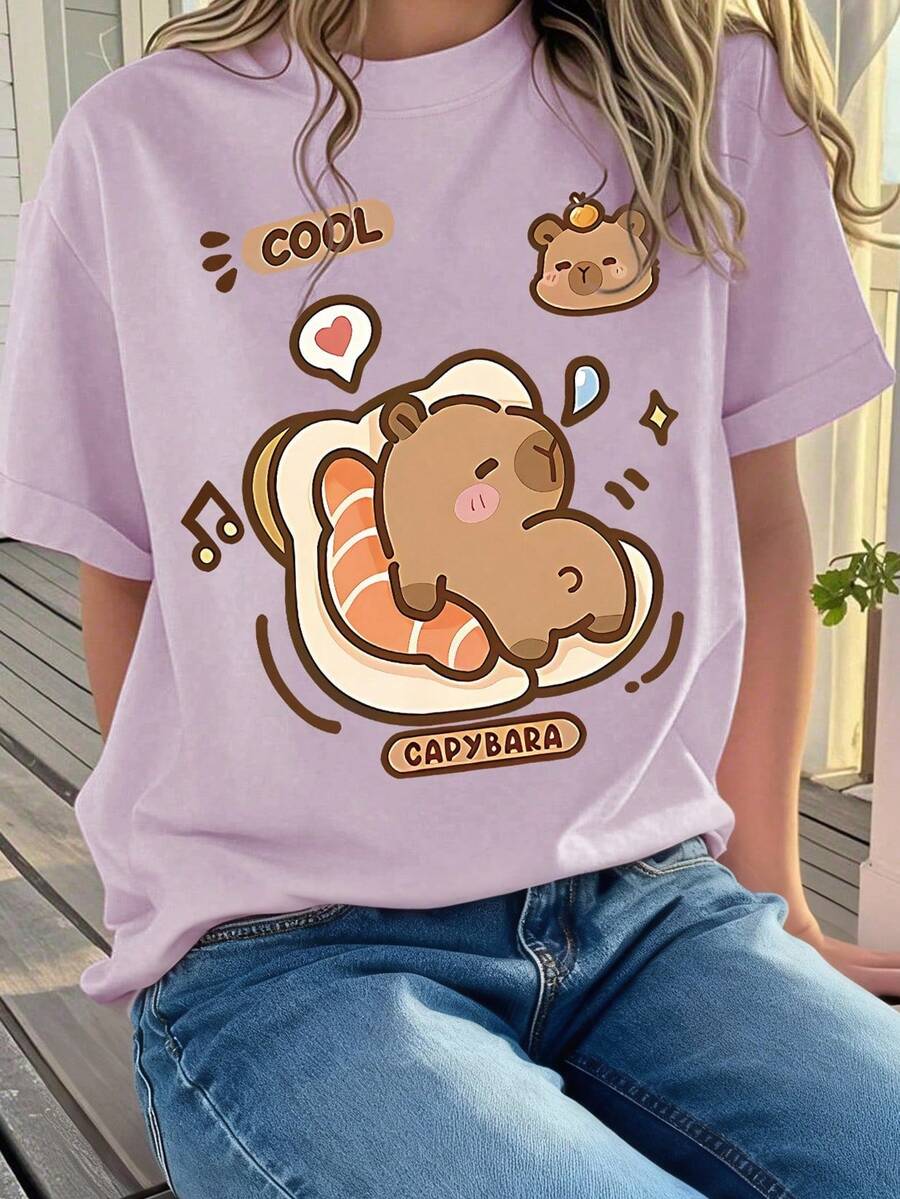 Niedliches Grafik T-Shirt für Teenager Mädchen, beiges Kurzarmoberteil mit Capybara Cartoon Muster, süß für Ausflüge/Partys
