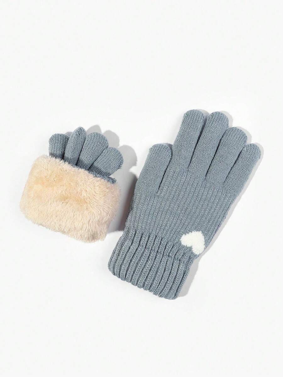 1 Pair Women's Winter Double-Layered Warm Gloves, Knitted With Deer Skin And Fleece To Keep You Warm In Cold Weather, Perfect For Parties, Driving, Cycling, Hiking And Writing - Lake Blue Heart - View 1