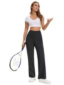hupos Women's Yoga Pants, Wide-Leg Pants, Pants With Pockets And High-Waisted Elastic Dress, Casual Sportswear Pants - màu đen - Xem 4