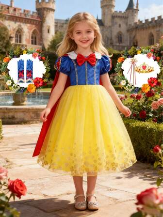 Young Girls' Yellow Dress With Long Shawl, Puffy Skirt, Gold Floral Decor Dress, Comes With Crown, Wand, And Gloves Accessories, Suitable For Outings, Parties, Birthdays And Other Events