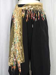 Women's Belly Dance Hip Scarf With Iridescent Sequin Fringe & Tulle Gold-Embossed Decor, Performance & Practice Accessory (Multi-Colors Available) - Multicolor - View 22