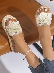 1 Pair Metallic Floral Print Polka Dot Beach Fashion Street Graffiti Wide Fit Woven Pattern Beige Elastic Band Slides, Suitable For Beach, Outdoor, Party, Office, All Seasons - Apricot - View 2