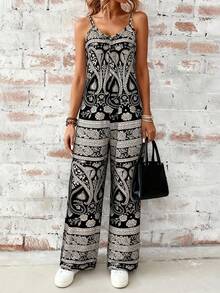 女士露肩露背系带长款印花连体裤 - 无袖连体裤，适合度假、日常穿着、休闲夏季装扮 - 灰色 - 查看 3