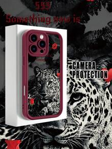 1 pieza funda de teléfono con diseño de jaguar blanco y negro con labios rojos, corazón y rosa sobre fondo oscuro, estilo salvaje y romántico ideal para amantes del arte animal y lo atrevido, TPU suave, protección completa antiimpacto y antideslizante, compatible con iPhone17 ProMax/16/15/14/13/12/11/Plus/Pro/ProMax, compatible con Galaxy A34/A35/A54/A55, Galaxy S20/S21/S22/S23/S24/S25 Ultra/Plus, compatible con Galaxy/Redmi/Honor/OPPO/ViVo - Burdeos - Ver 1