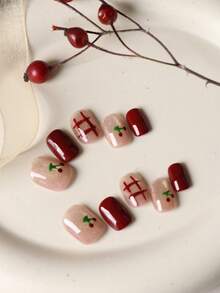 10pcs Acrylic Press On Nails Red Nails Cat's Eye Cherry Grid Nails Press On Nail Supplies Short Nail Fake Nails Artificial Nails Kit Includes 1sheet Adhesive Tabs &1 Pc Mini File - Multicolor - View 3