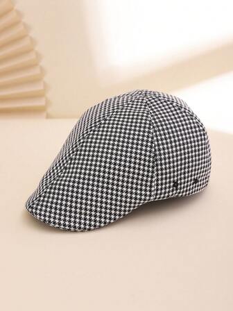 1pc Women's Black & White Houndstooth Pattern Beanie Hat, Minimalist Style, Versatile For Daily Wear, Commuting, Dates