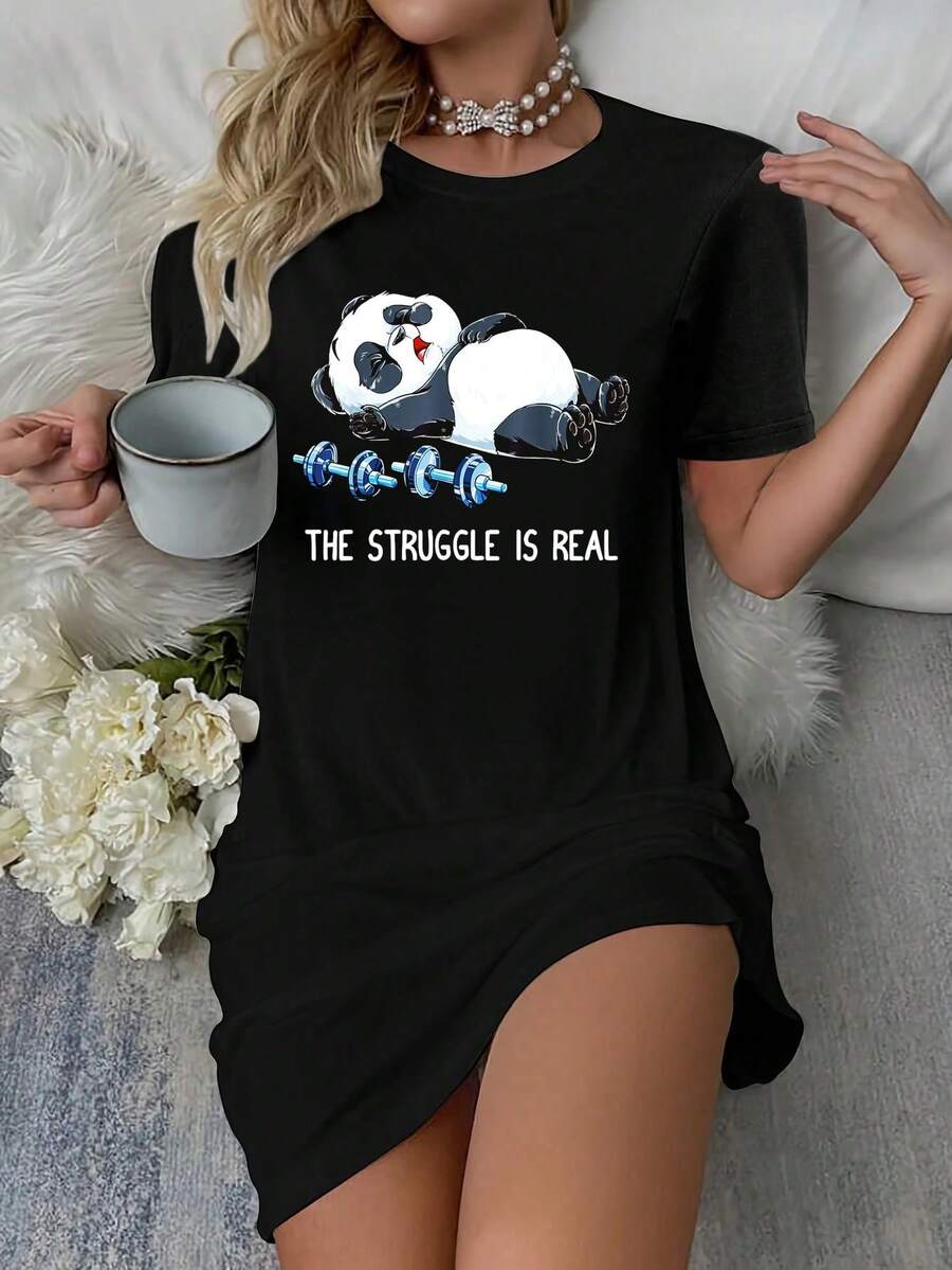 Panda The Struggle Is Real Weightlifting Fitness Gym Funny T-Shirt Dress Women's Dress, Casual Summer Dress - 黑色 - 查看 1
