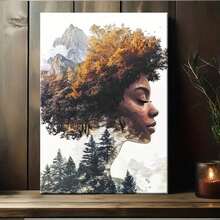 1 Pieza de Arte de Pared de Mujer Africana Bohemia y Retrato Africano en Marco - Tonos de Tierra Marrón/Beige/Negro/Blanco//Verde/Azul/Rojo/Naranja - Pintura en Lienzo Envuelta con Marco de Madera - Decoración Cultural Africana para Sala de Estar, Dormitorio, Oficina, Cocina, Baño - Impresión de Arte Africano Moderno Vintage Listo para Colgar - Decoración Interior/Exterior - Paisaje Africano con Árboles y Montañas - Inauguración de Casa, 2D Plano, Decoración de Habitación - Multicolor - Ver 2