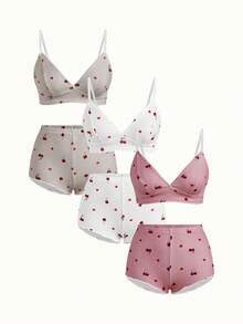 Bonmuse 3件套女士樱桃印花荷叶边内衣文胸和内裤套装 - 彩色 - 查看 1