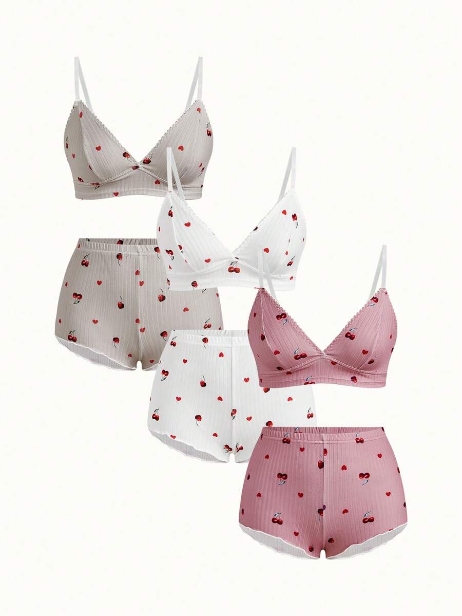 Bonmuse 3件套女士樱桃印花荷叶边内衣文胸和内裤套装 - 彩色 - 查看 1