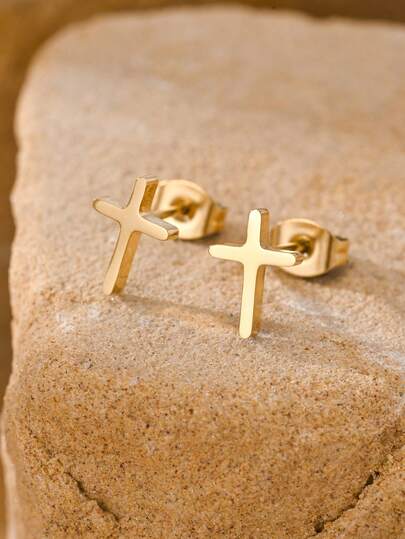 1 par de pendientes de aro clásicos mini con cruz chapados en oro de 18K, adecuados para el uso diario de los hombres