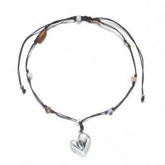 1件心形吊坠长款毛衣链，女士长项链，黑色绳子，银色珠子吊坠，不对称Y2K休闲时尚首饰设计