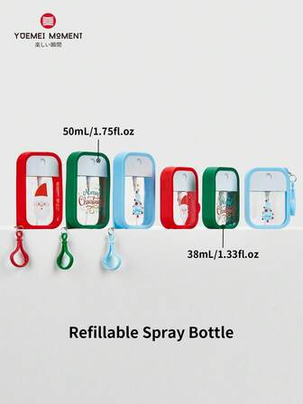 YUEMEI MOMENT 1pc Refillable Card Spray Bottle, Holiday Limited Edition Patterns, Silicone Protective Case With Hook, Capacity: 38ml/50ml (1.33fl.Oz/1.75fl.Oz), Santa Claus, Tree, Wreath, Red, Green