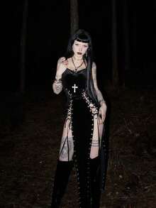 High Slit Strap Dress Irregular Slim Fit Sexy Skirt Women - 黑色 - 查看 3