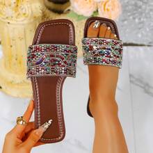 Summer New Rhinestone Slip-On Beach Sandals, Fashionable Flat Slippers - Coffee 1 - View 12