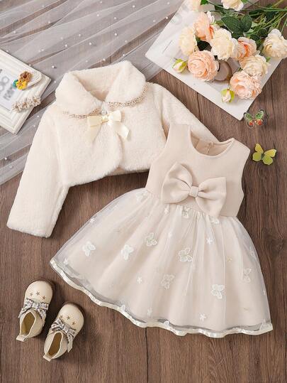 Baby Girls' Cute Solid Color Fuzzy Collar 3D Bow Button Front Cardigan Paired With Adorable Round Neck Sleeveless Bow Floral Mesh A-Line Dress, 2-Piece Fashion Thick Warm Outfit For Toddler Girls, Suitable For Daily, Party, Outing In Autumn/Winter