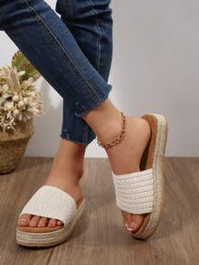 Casual Hemp Rope Woven Thick Sole Slip-On Women Sandals, Slouchy Slip-On Summer Beach Slippers - Beige - View 6