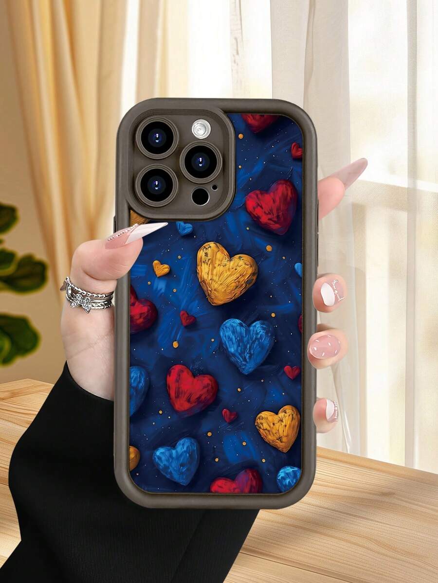 1 pieza funda de teléfono con diseño de corazones en tonos rojos, azules y dorados sobre fondo oscuro, estilo artístico y romántico ideal para amantes del amor y lo expresivo, TPU suave, protección completa antiimpacto y antideslizante, compatible con iPhone17 ProMax/16/15/14/13/12/11/Plus/Pro/ProMax, compatible con Galaxy A34/A35/A54/A55, Galaxy S20/S21/S22/S23/S24/S25 Ultra/Plus, compatible con Galaxy/Redmi/Honor/OPPO/ViVo - Marrón - Ver 1