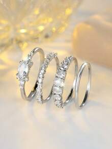 Tsnamer 4件套精致可叠戴细戒指套装，经典立方氧化锆结婚订婚戒指，女士简约结婚戒指，日常佩戴饰品，情人节礼物 - 四件組戒指 - 查看 10