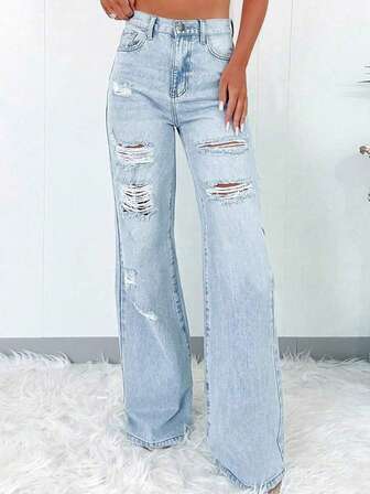 Teen Girl High Waist Solid Color Pocket Distressed Skinny Jeans