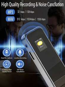 带播放功能的数字录音机，具有降噪和高清 1536 Kbps 音质的录音机，便携式录音设备，适用于讲座会议，可充电 230mAh 锂电池，小型录音机，可在课堂上长时间录音，支持 MP3 音乐播放