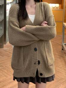 Women Solid Color Front Button V-Neck Double Pocket Long Sleeve Knit Cardigan