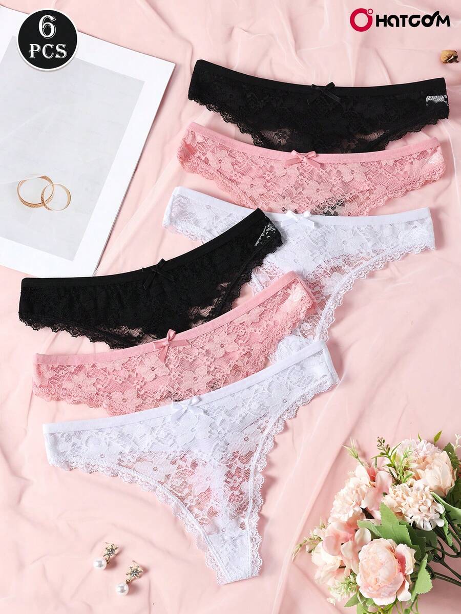 6pcs/Pack Women's Solid Color Lace Patchwork Sexy Low Waist Thong Panties With Cute Bow, Stretchy & Breathable Underwear - Multicolor - View 1