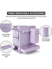 A Set Of Sturdy, Durable,,Desk Accesorries,Office Decor,útiles,Local Warehouse Items Escolares, Multifunctional Retractable Bookends With Pen Holder Hooks And Storage Boxes, 6-Piece Folding Space-Saving Desktop Storage Rack, Thick Partition Metal Book Storage Rack - 紫色 - 查看 5