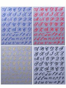 4pcs Gothic Letter Nail Art Stickers, 3D Metallic Black Gold Blue Red Fashion Art Uppercase & Lowercase English Alphabet Letters Symbols Design, DIY Y2K Style Self-Adhesive Valentine's Day Wedding Party Nail Decals Slider Accessories, Women & Girls Nail Art Supplies Gift - Multicolor - View 3