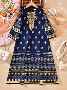 Vihyde 1pc Tween Girls' Festival Long Robe, Navy Blue With Gold Foil Geometric Pattern Trim Collar, 3/4 Sleeve Robe - Navy Blue - View 1