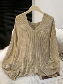 Lubi 女士春夏镂空V领长袖宽松针织衫，透气针织面料，休闲舒适，适合日常穿着、通勤、居家、下午茶、海滩度假等场合。 - 深杏色 - 查看 5