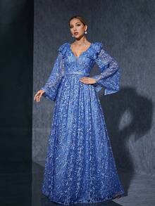 V-Neck Embroidered Lace Ruffled Long Bell Sleeve High-End Evening Gown - Blue - View 5