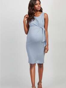 Maternity Solid Color Elegant Casual Knitwear Twist Front Dress, Everyday Wear, Spring/Summer - Light Wash - View 4