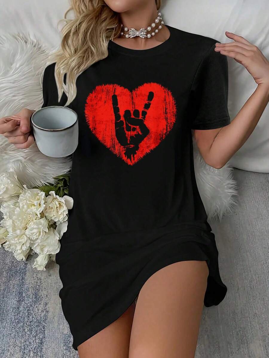 Rock N Roll Music Lover Hand Horns Rock On Concert T-Shirt Dress Women's Dress, Casual Summer Dress - 黑色 - 查看 1