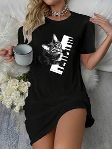 Piano Cat Tee Shirt T-Shirt Dress Women's Dress, Casual Summer Dress - 黑色 - 查看 5
