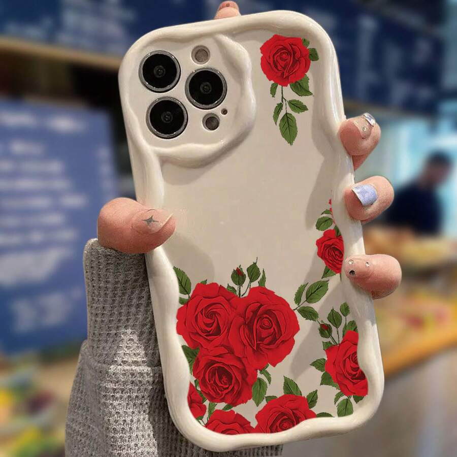 Funda de Teléfono de Silicona con Rosas Rojas, Hojas Verdes, Fondo Blanco, Onda Suave para 11 Pro 8 Plus SE (2022) 6S 12 (2020) 14 X 15 13 16 XS 4 6 XR 16e, Funda de Uso Diario, Protección de Teléfono, Patrón de Rosa, Textura de Ola, Funda Ligera, Funda a Prueba de Golpes, Carcasa Protectora, Regalo para Ella, Usuarios de - Color mixto 1 - Ver 1
