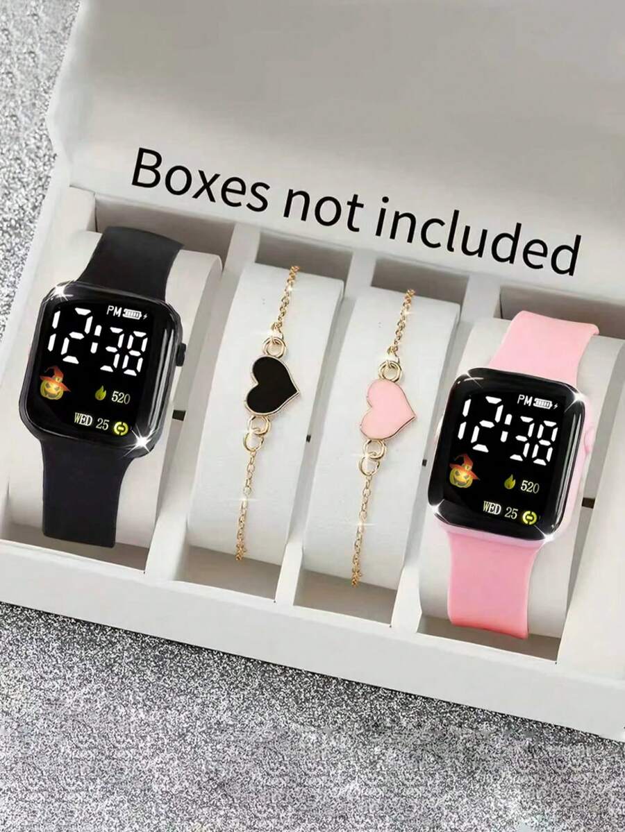 4/2件套时尚百搭电子手表和心形手链套装 - 休闲、简约、运动风格，适合女孩在各种场合佩戴，也是感恩节和圣诞节送给家人、朋友和爱人的理想礼物。