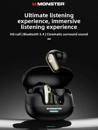  New Monster MQT52 TWS Wireless Bluetooth 5.4 Headset HIFI Stereo Music Gaming Earphones Talking Noise Canceling Earbuds