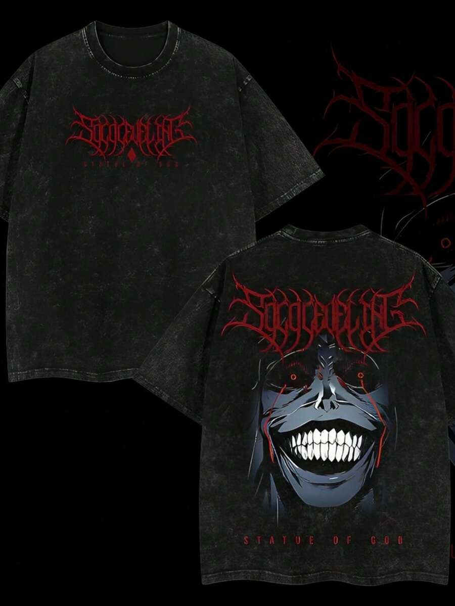 Retro Distressed Washed Anime T-Shirt, Manga-Style Patterned Top, Minimalist Casual Streetwear For Otaku, Fantasy Dark Aesthetic Gothic Y2K Fashion , A Gift For Anime And Manga Fans, Heavyweight Pure Cotton Men's T-Shirt. - 黑色 - 查看 1