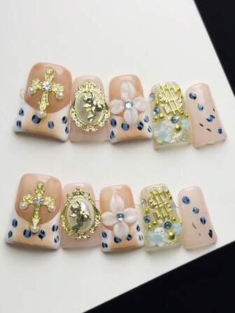 1 Set de 10 piezas de armadura de estilo "Spicy Girl" Y2K con forma de pico de pato, hecha a mano y utilizable, con piezas de armadura en colores natural, azul y amarillo que presentan elementos de diseño como francés, tallado, cruz, dólar, bola de acero, cuentas de burbujas y estampado de leopardo. Las mujeres y niñas pueden usar estas piezas de armadura brillante, adecuadas para uso diario en fiestas y bailes, incluye juegos de herramientas. (Tenga en cuenta que los colores de los accesorios son aleatorios)