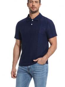 男士针织Polo衫 短袖 纹理纽扣领 休闲夏季高尔夫球衫 - 寶藍色 - 查看 6