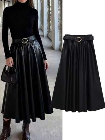 Falda larga plisada de estilo retro con cordones, vestido casual de estilo callejero para vacaciones, falda larga de cuero sintético de moda para otoño/invierno