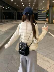 韩式针织拼接立领纽扣绗缝外套，秋冬季保暖 - 杏色 - 查看 2