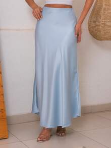 Women's Long Satin Skirt With Zipper - 淺藍色 - 查看 2