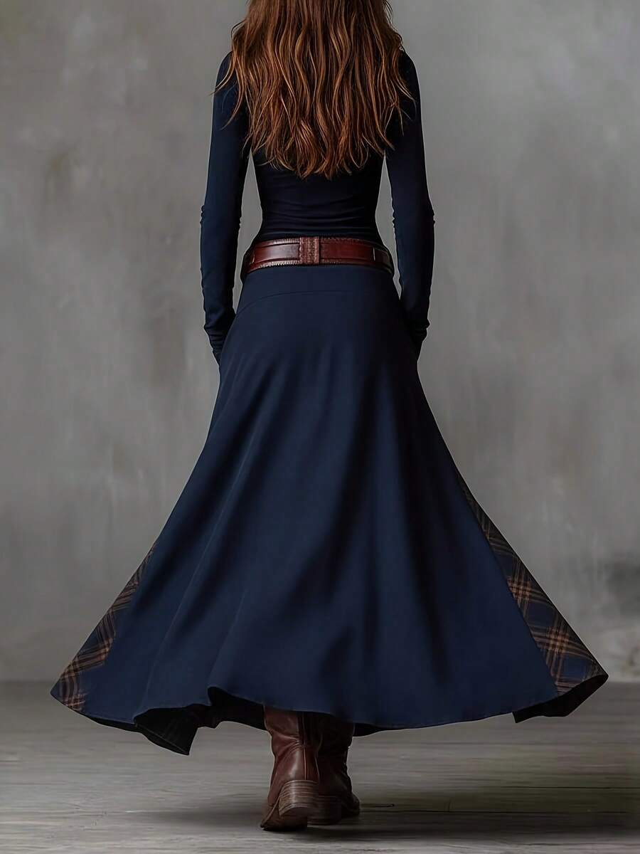 Female  Lady's Autumn Vintage Dress, With Checked Patchwork Design, Exudes A Vintage Charm. It Features Pockets, Buttons And A Belt. Ideal As A Christmas Gift Or For . - 藏蓝色 - 查看 1
