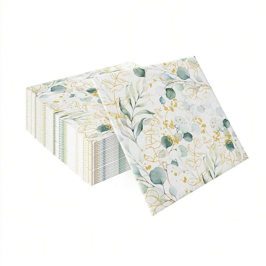 PAW - 50 Pieces Airlaid Paper Linen-Feel Napkins 16inch X 16inch, Disposable Cloth-Like Napkins With Eucalyptus Design, Dinner Napkins For Kitchen, Party, Wedding, Barbecue, Picnic,DinnerNapkins,GoldenEucalyptus - 金桉樹 - 查看 1