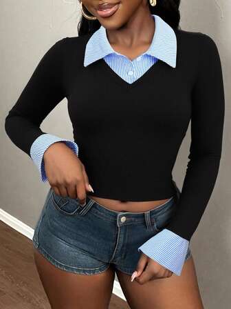 1. 女士休闲衬衫，春秋季款\N2. 女士修身通勤撞色条纹拼接喇叭袖假两件式上衣T恤\N3. 女士优雅连衣裙