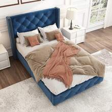 Polsterbett 90*200cm z Lattenrost und Kopfteil, Knopfpolsterung, Nietenpolsterung, Holzbeine, Samt,Grau(STARY SKU:3099934AAG) - Niebieski - Zobacz 6