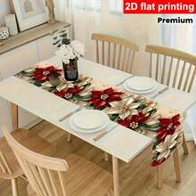 1pc Christmas Table Runner, Festive Style Polyester Rectangular Table Flag With Vivid Gold Accents, Bell & Bow Details, Washable & Durable For Dining Table Decor, Perfect As Christmas Table Decoration, Holiday Party Table Accent & Suitable For Christmas Celebrations, Winter Festive Dinners, Home & Party Table Decor - Multicolor - View 2