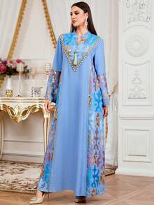 Women's Eid Mubarak New Embroidered Patchwork Gold Tassel Tie V-Neck Long Sleeve Robe With Pendant, Fashion Wedding Gown For Eid Al-Fitr And Eid Al-Adha Spring - Blue - View 6